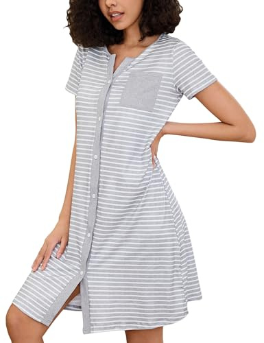 Marvmys Chemises de Nuit Femme Coton Manches Courtes Rayure Robe De Chambre avec Bouton Maternité Vêtements D'Intérieur S-XXL