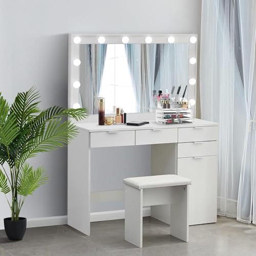 LEMROE Tocador de Maquillaje con Espejo y 12 Bombillas LED Luz Regulable Mesa de Tocador con 4 Cajones Grandes y 1 Armario, Estilo Moderno para Dormitorio