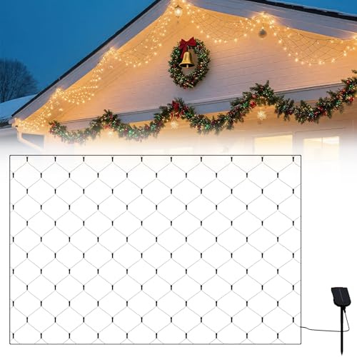 Froadp LED Lichternetz Solar 3 x 2 m, 250 LEDs Warmweiß, Außen und Innen | 13 Leuchtmodi, Fernbedienung mit Timer, IP44, 40 Std. Leuchtdauer, inkl. Solarpanel und USB-Kabel, für Hecke und Zaun