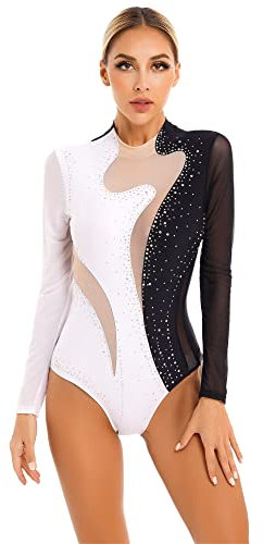 iEFiEL Damen Langarm Turnanzug mit Glitzer Strass Tanzbody Einteiler Tanzanzug Sportlich Leotard Ballett Trikotanzug Wettbewerb Tanzkostüm Schwarz + Weiß XXL