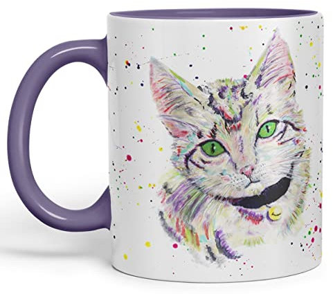 Vixar Cat Kitten Feline Pet Animals Watercolour Art Coloured Mug Cup Gift Birthday Work Office Tea Coffee (Purple)