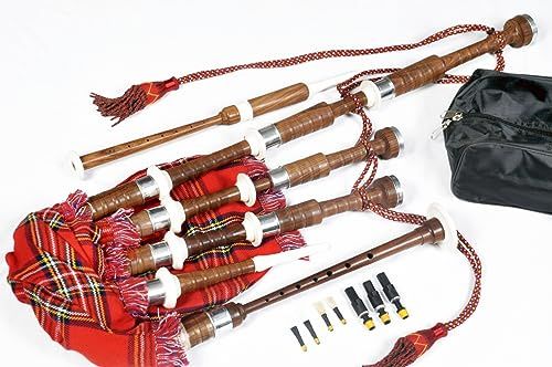 Great Highland Dudelsack von Hakam Din aus natürlichem Cocobolo-Holz mit elfenbeinfarbenen und nickelsilberfarbenen Halterungen und Schottenkaro-Abdeckschnur für Schüler, komplettes Starter-Set mit