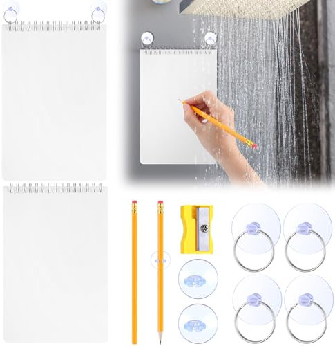 Sayglossy 2 Sets Shower Notepad Waterproof with Pencil Suction Cup Pencil Sharpener Sets Waterproof Shower Notepad with Waterproof Paper for Bathroom Home Office Wall