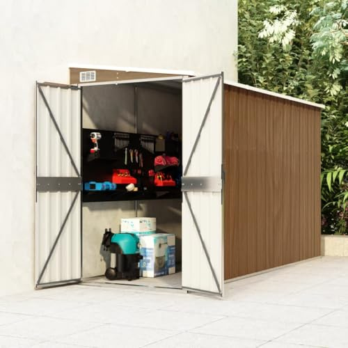 Hovothy Gerätehaus 118x288x178 cm Wand-Geräteschuppen Gartenschrank Wetterfest Geräteschuppen Gartenhaus Metall Fahrradunterstand Holzlager Hütte Braun