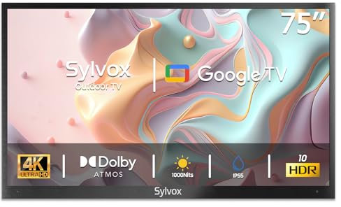 SYLVOX 75 Pouces TV Extérieur, Smart Google Télévision Étanche IP55, 4K UHD 1000 Nits, DVB-T2/S2/C, HBBTV, WiFi, Google Assistant, Outdoor Téléviseur pour Pool, Jardins, Terrasse (Deck Pro 2.0)
