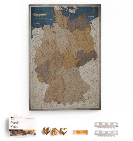 CANVASCALE Canvas Deutschlandkarte mit Pinnwand Kork zum Pinnen der Reiseziele - Wanddeko für Jeden Raum - Hochwertige Leinwand Bilder mit Deutschlandkarte (90x60 cm, Muster 13)