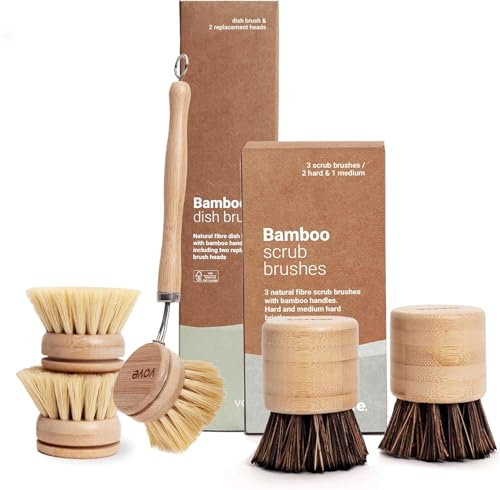 Vove Spülbürsten-Set – FSC-zertifizierter Bambus, Spül- & Scheuerbürsten mit 3 Ersatzköpfen, Borsten aus Naturfasern – frei von Schadstoffen, plastikfrei