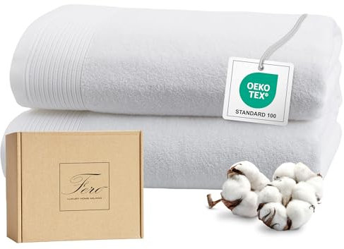 Ferò Lot de Serviette de Bain Grande Taille, 2 Pièces, 100% Coton Doux de Luxe, Ultra Absorbant & Épais, Oeko-TEX, Drap de Bain Douce & Confortable, Design Italien, 2 Serviettes Bain 70x140 cm, Blanc