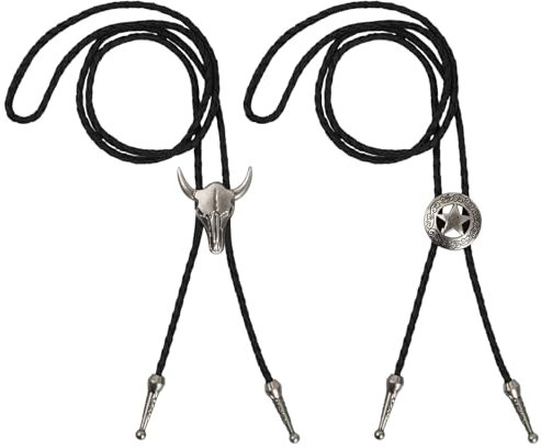 Granvoo Bolo Krawatte, 2 Stück Bolo Ties Krawatte, Lederkrawatte, Kuhschädel und Texas Ranger Sternkette, Cowboy Krawatte, für Wild-West-Mottoparty, Modenschau, Western Deko (Schwarz + Silber)