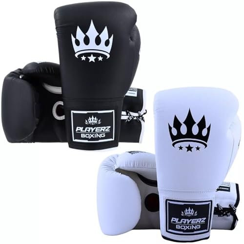 Playerz SparTech Boxhandschuhe mit Spitze, doppellagige Schaumstoffpolsterung, Premium-Mikrofaser, vegan, Größen 284 g - 453 g, für Sparring, Pad-Work, und Taschentraining – klassisch weiß/schwarz