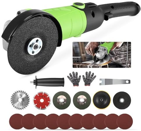 2200W Angle Grinder,4inch Angle Grinders with 11000RPM Motor,Ø100mm Grinder Tool,6-Level Variable Speed Angle Grinder with 5 Cutting Discs, 10 Sandpaper, 6 Carbon Brush, Self-Adhesive Disk