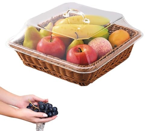 Bread Basket 13.8'' Round Fruit Bowl with Clear Dustproof Lid Imitation Rattan Bread Basket Woven Wicker Basket Food Serving Basket for Bread, Fruits, Snacks, Veggies, Food Storage, Food Baskets