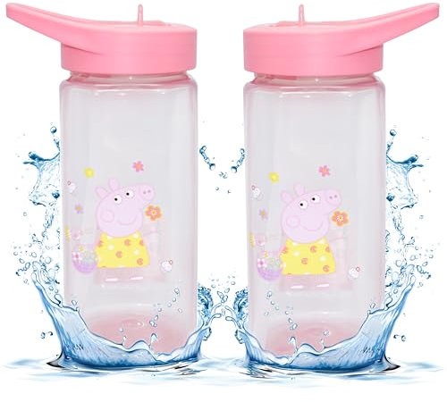 2X Pink Peppa Pig Kids Water Bottles with Straw – 420ml Reusable Sports Bottles for School Picnic, Girls 6+ Months - Leakproof, Flip Lid, BPA-Free, Easy to Clean, Eco-Friendly Sports Bottle