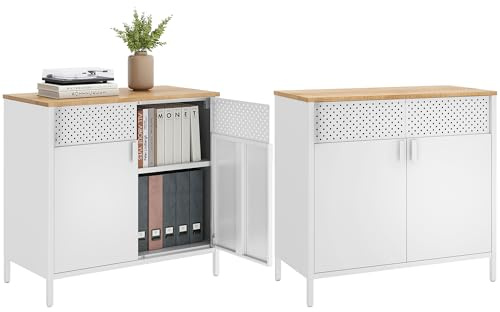 SONGMICS Set of 2 Storage Cabinets, Metal Cabinet, Sideboard with 2 Doors, 15.7 x 31.5 x 29.9 Inches, Magnetic Closure, Adjustable Shelf, Steel Frame, Natural Beige and White ULSC791W01
