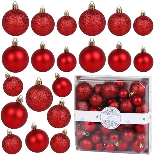 DERAYEE Weihnachtskugeln,44 Stück 3cm/4cm/5cm Weihnachtsbaumkugeln Glitter Weihnachtskugeln für Weihnachtsbaum Dekoration,Weihnachtsbaumschmuck(rot)