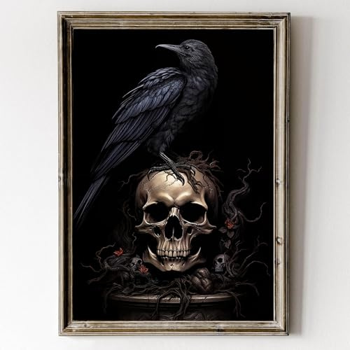 Schwarze Krähe Wandkunst Vintage Rabenschädel Poster Halloween Gothic Poster Dark Academia Raven Wandkunst Vintage Tierdrucke Gothic Krähe Gemälde Schwarzer Rabe Bild Dunkler Schädel Gemälde 40,6 x 61