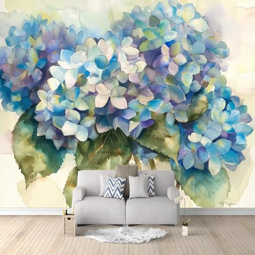 Papier Peint intissé Fleurs Bleues Aquarelles 200x140 cm Papier Peint Photo Panoramique, Poster Geant Mural Personnalisé 3D, pour Salon Cuisines Chambre Adulte Enfant Décor Murale
