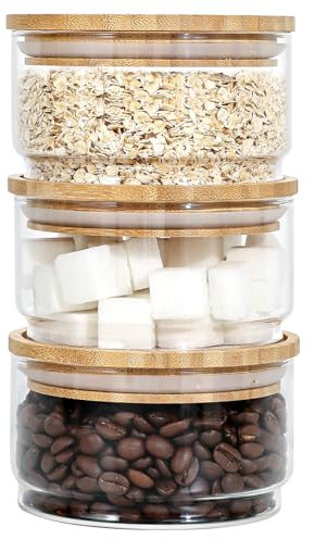 LIMILI Glass Storage Jars, Set of 3 Stackable Clear Glass Storage Canisters with Wooden Airtight Lids, Easy to Open, Kithchen Stacking Storage Jars for Tea Coffee Sugar