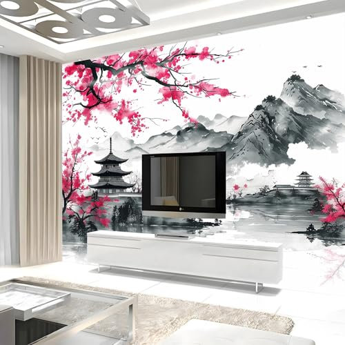 Murale Photo Papier Peint 400 x 280 cm Intissé Tableaux Poster Mural Tapisserie Temple Sakura Au Japon Papier Peint Panoramique Gris Salon Maison Décorative Tenture Appartement