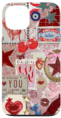 Hülle für iPhone 13 Adrette rote Kokette Kirsche Herz & Stern Vintage Love Collage