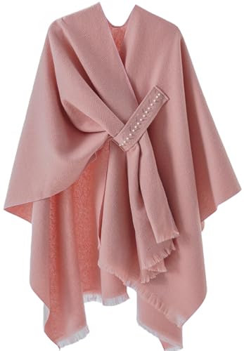 Shmily Girl Poncho Femme Tricot Cape Réversible Couverture Elégante Epaule Chaude Echarpe Tricotée Manteau pour Printemps Automne (Rose avec Diamant Chaud)