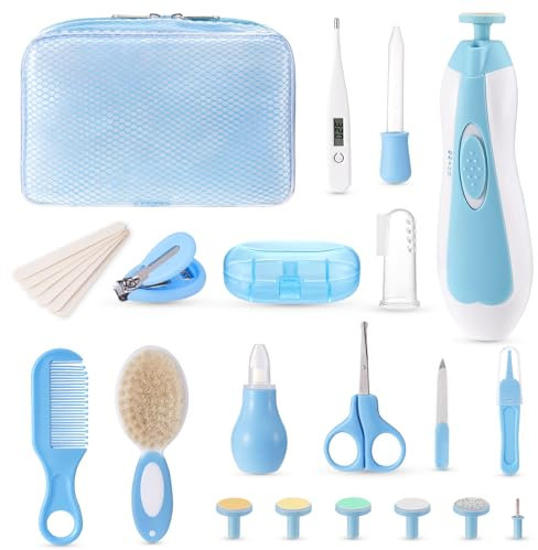 Megainvo Set Cuidado Bebe Recien Nacido, 24 in 1 Kit Higiene para Bebes, Lima Uñas Bebé Eléctrica, Cepillos y Peines para bebés,Tijeras Uñas de Bebé, Set Higiene Recien Nacido Portátil de Bebé