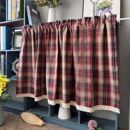 Yaland Karomuste Scheibengardine mit Spitzenbordüre Design Landhausstil Küchengardine mit Stangendurchzug Kleinfenster 1 Stück Rot HxB 40x140cm