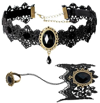 KEYRI Gothic Halsband-Armband-Set für damen Spitzenarmband Choker und Finger Kette Modisches Accessoire für Partys und Abende Vampir Halskette und Armband Ideal für Geschenke (Schwarzes)
