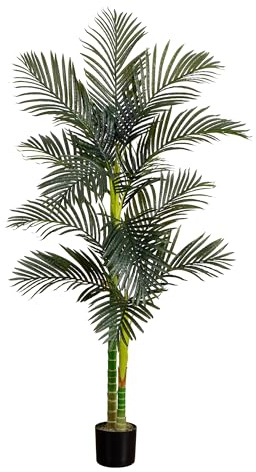 Nearly Natural 6ft Golden Cane Palm Tree, Artificial Double Stalk with Lifelike Leaves, Bendable Branches, Includes Nursery Planter, Ideal for Indoor Decor, Vibrant Green
