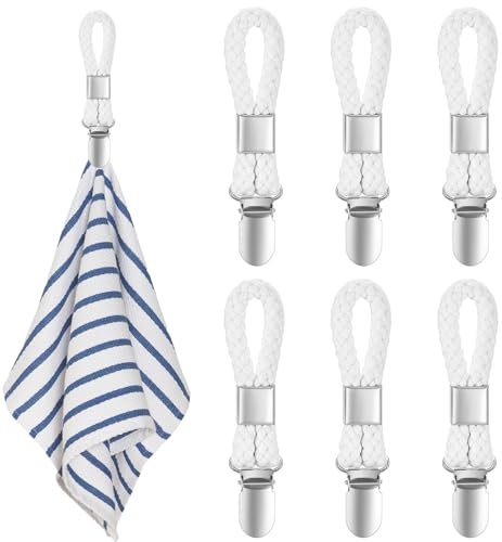 XIANGPICA 6 Stück Handtuch Clips zum Aufhängen, Handtuchclips mit Schlaufen, Handtuch Klammer, Haken für Handtücher, Geschirrtuch Handtuchhalter Clips (Weiß)