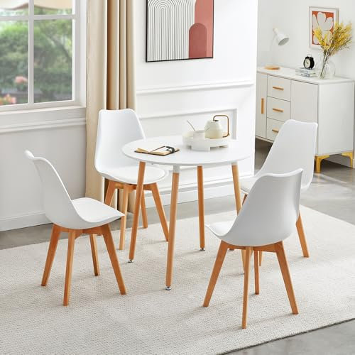 H.J WeDoo Rund Esstisch mit 4 Stühle Essgrupp, 70cm Küchentisch und 4er Set Esszimmerstühle Esszimmergruppe Sitzgruppe für Küche Wohnzimmer (Weiß Tisch+4 Weiß Stühl)