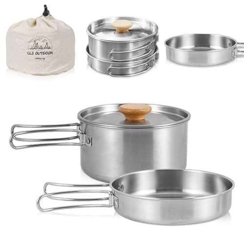 Udbrud Set di pentole da campeggio, in acciaio inox, con coperchio e manico pieghevole, portatile, per campeggio, escursionismo, pesca, picnic