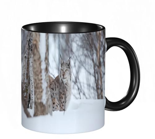 HRRASFAZF Tasse Kaffeetassen,Große 330ml Mit Henkel 100% Handbemalt kaffeebecher porzellan,Ein europäischer Luchs im Schnee. Kalter Winter im Februar in Norwegen.,Frauen,Jahrestag,Muttertag