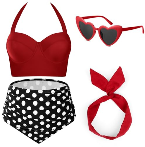 JaGely 4-teiliges Retro-Bikini-Set für Damen im Stil der 1950er Jahre, Vintage-Stil, hohe Taille, Badeanzüge, Draht-Stirnband und Herz-Sonnenbrille