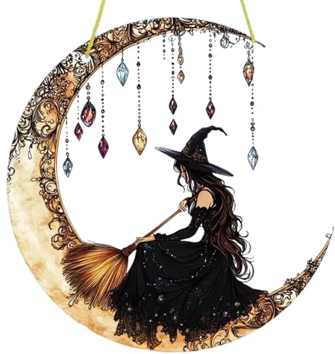 Suncatchers for Windows, Vintage Acrylic Moon & Witch Sun Catchers, Gothic Stained Glass Window Hangings for Living Room Bedroom Window Decoration Wall Art Decor, Witch Gifts (20 * 20cm)