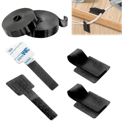 50Pcs Self Adhesive Hook and Loop Cable Ties + 2 Extension Rolls - Cord Organizer for Desk, Reusable Cable Management System with Sticky Back - Perfect Under Desk Cable Clips & Wire Keepers (Black)