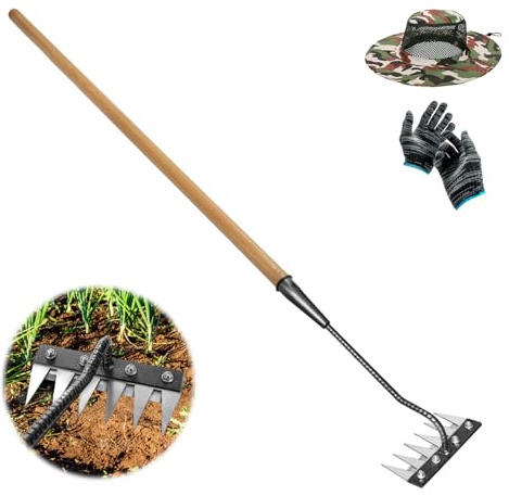 Gardenia Iron Weeding Rake with Long Wooden Handle, No Frequent Tightening