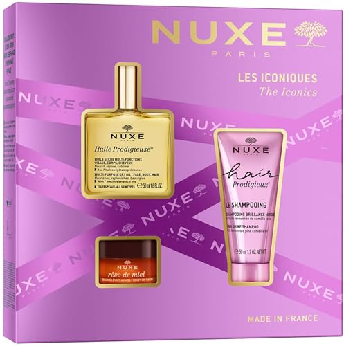 Nuxe The Iconics Gift Set (£45 Value) – Huile Prodigieuse Dry Oil 50ml, Hair Prodigieux Shine Shampoo 50ml & Honey Lip balm 15g – Luxury Skincare Face & Body Care Trio – Perfect For Birthdays, Travel