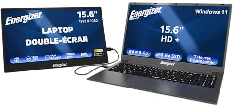 Energizer PACKCONFORT 15 - PC Portable 15,6 HD+ 8Go RAM, SSD 256Go, Intel Celeron N4020, Windows 11, AZERTY USB 3.0 HDMI + Ecran 15,6 LCD Full HD 60Hz Laptop Double-écran