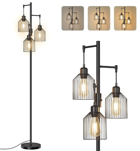 VASAGLE Stehlampe Dimmbar, 3 x 700 lm LED, Metallschirm, 29 x 32 x 176,5 cm | Vintage Standleuchte für Wohnzimmer, Kinderzimmer, Büro, Tintenschwarz, LUSIA Kollektion LFL013BD02