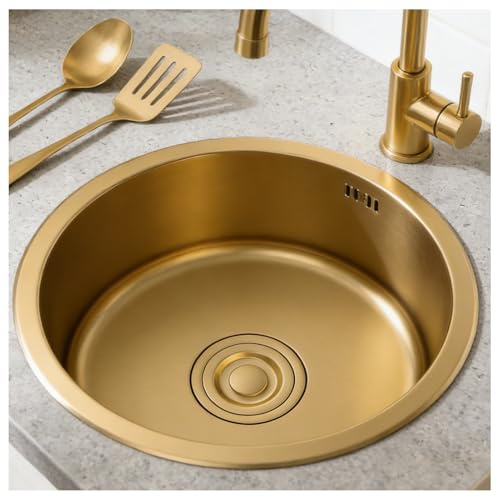 Fregadero redondo dorado 32x32cm, tarja dorada pequeña para bar y cocina, fregadero de cocina color oro, mini sink circular bajo encimera, acero inoxidable con sifón