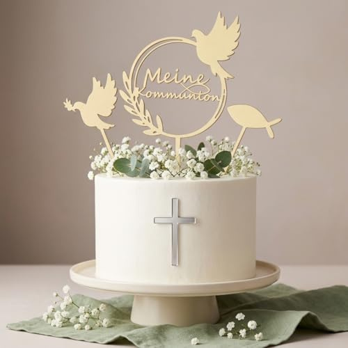3Stück Tortendeko Kommunion Tortendeko,Cake Topper Kommunion Deko Torte, Konfirmation Holz Erstkommunion Deko,Torten Taube Fisch Kuchen,Tortenstecker Set,Tortenaufleger Geschenke für Junge Mädchen (A)
