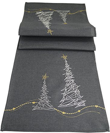 khevga Tischläufer Tischdecke Weihnachten modern in Grau mit Stickerei Gold Silber (Grau_Baum)
