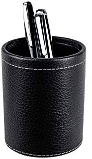 DELMON VARONE - Stifteköcher aus Soft Grain Leder schwarz, Echtleder Stiftebecher mit PU Innenverkleidung und rutschfester Vliesunterseite, Eleganter Stiftehalter rund für Schreibtisch und Büro