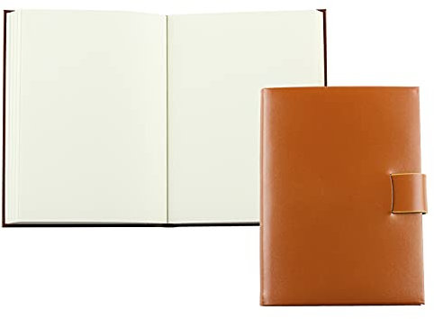 DELMON VARONE - Personalisierbares Notizbuch DIN A6 gebunden in Premium Cambridge Top Grain Leder (Rindspaltleder) braun, Blanko Buch ohne Linien im Softcover Ledereinband mit Verschlusslasche