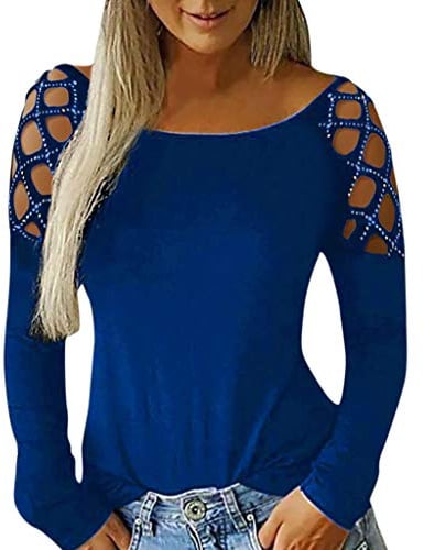 Lazzboy T-Shirts Mädchen Pullover Cutout Rundhalsausschnitt Aushöhlen Nieten Langarm T-Shirts Tops Sweatshirt Damen Off Shoulder Top Blusen Frauen Einfarbige