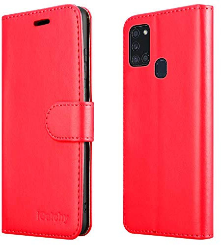 iCatchy For Samsung Galaxy A21s Case Leather Wallet Book Flip Folio Stand View Cover compatible with Samsung Galaxy A21s (6.5) Phone Case (Red)