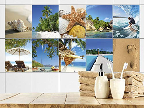 GRAZDesign Fliesenaufkleber Bad maritim Strand Wandfliesen selbstklebend, Klebefliesen - Set 10 Stück