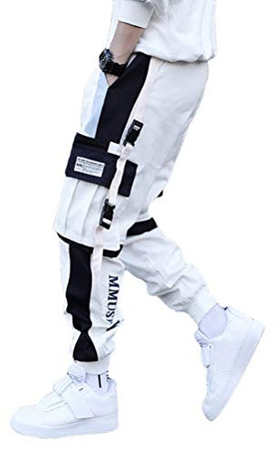 ORANDESIGNE Herren Arbeit Kampf Cargohose mit Taschen Schnalle Riemen Techwear Hose, Herren Arbeit Freizeit Hose, Modisch Elastisch Hose D Weiß XS