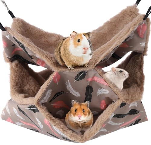AUXSOUL Rat Hammocks for Cage, 3 Layer Pet Hammock, Soft Hamster Bed, Warm Chinchilla Hanging House, Plush Sugar Glider Cage, Small Animal Beds for Playing Sleeping (Brown)
